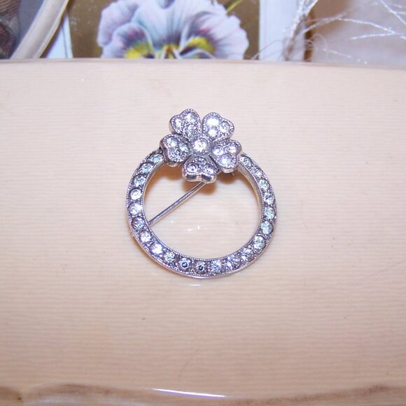 Sterling Silver Rhinestone Pin Brooch - Eternity Circle with Flower - Picture 4 of 8